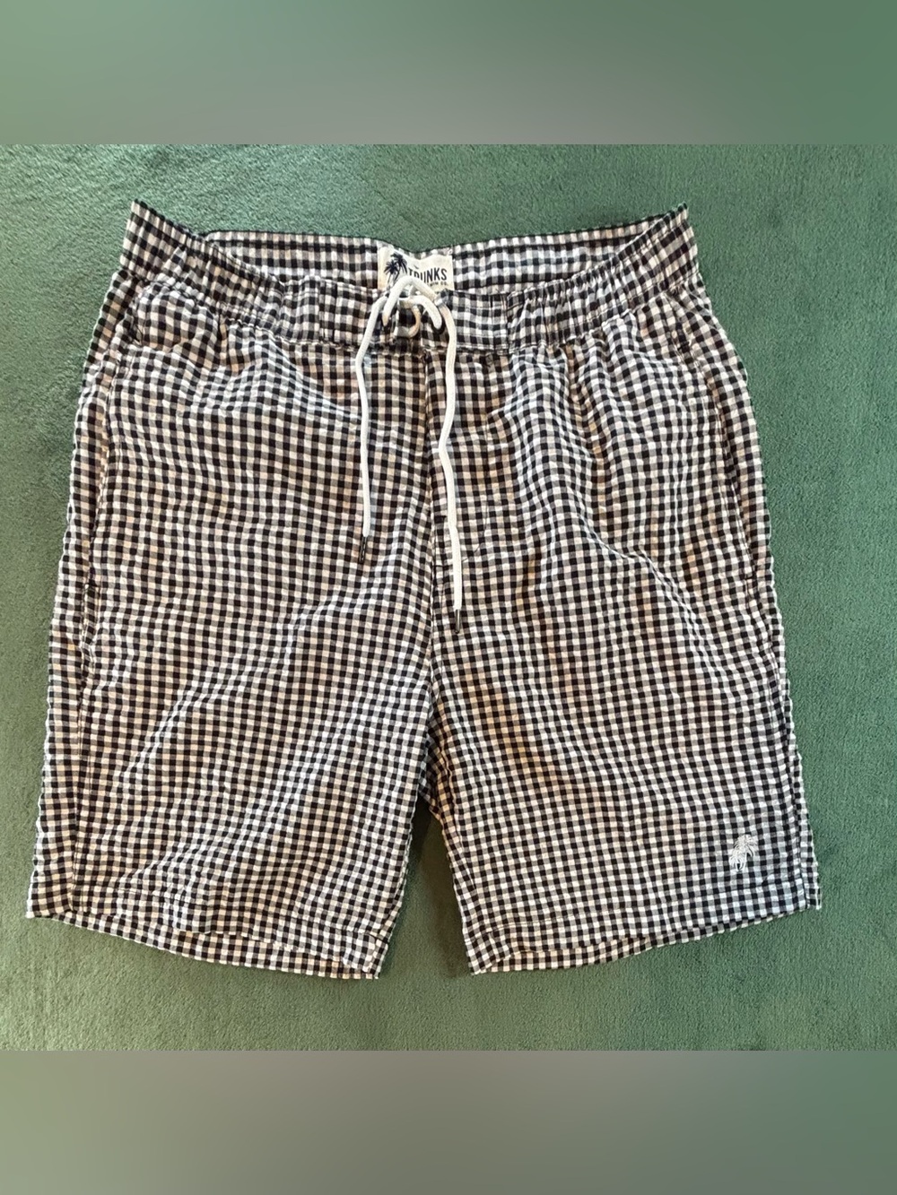 “Trunks” Black & White Gingham Men’s Swim Trunks, lined, Size: M (6529)
